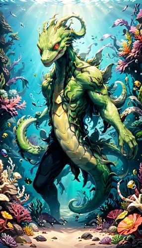 underwater background,merman,god of the sea,marine animal,aquarium inhabitants,merfolk,sea god,mermaid background,aquarium,ocean background,coral guardian,marine biology,sea-life,cuthulu,poseidon,water creature,green dragon,sea animal,underwater world,underwater landscape,Anime,Anime,General