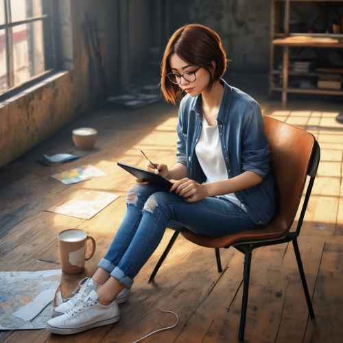 girl studying,girl at the computer,girl sitting,woman sitting,girl drawing,women in technology,woman holding a smartphone,blonde woman reading a newspaper,computer addiction,reading glasses,social media addiction,illustrator,world digital painting,connectcompetition,blonde sits and reads the newspaper,e-book readers,writing or drawing device,learn to write,connect competition,remote work,Illustration,Japanese style,Japanese Style 14