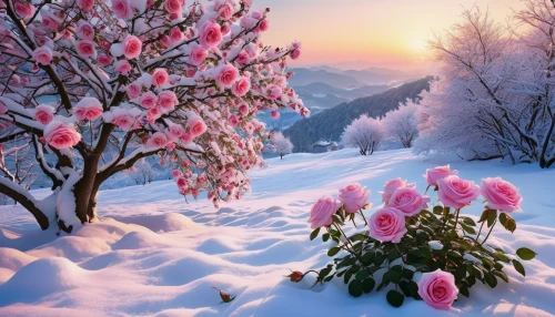 snow landscape,fragrant snow sea,snowy landscape,winter landscape,tulip on snow,cold cherry blossoms,splendor of flowers,winter background,snow trees,winter magic,snow scene,snow crocus,snow tree,winter morning,pink magnolia,hoarfrost,winter dream,blooming trees,winter blooming cherry,snow cherry,Photography,General,Realistic