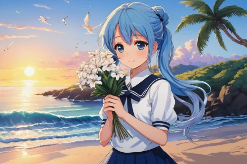 holding flowers,flower background,ocean background,honolulu,beach background,aqua,hatsune miku,tsumugi kotobuki k-on,miku,ocean,summer background,spring background,background images,sea of flowers,芦ﾉ湖,beautiful girl with flowers,sea,water-the sword lily,summer flower,azusa nakano k-on,Art,Artistic Painting,Artistic Painting 21