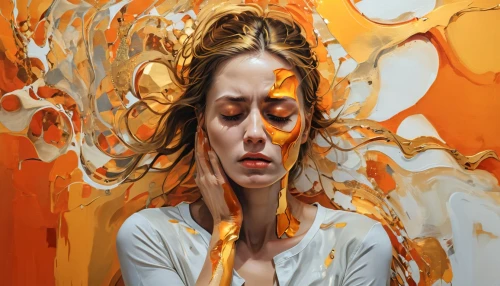 meticulous painting,painting technique,painted lady,oil painting on canvas,ron mueck,yellow orange,orange,art painting,pieces of orange,orange blossom,oil painting,gold paint stroke,thick paint strokes,orange color,woman thinking,orange yellow,orange robes,exploding head,rust-orange,glass painting