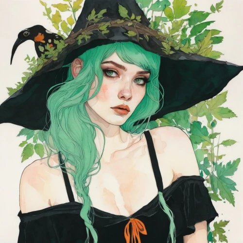 witch hat,witch,halloween witch,witch's hat,witch broom,ivy,fantasy portrait,witch's hat icon,poison ivy,the witch,faerie,witches hat,witches' hats,witches,centella,fae,halloween illustration,marie leaf,nasturtium,flora,Illustration,Paper based,Paper Based 19