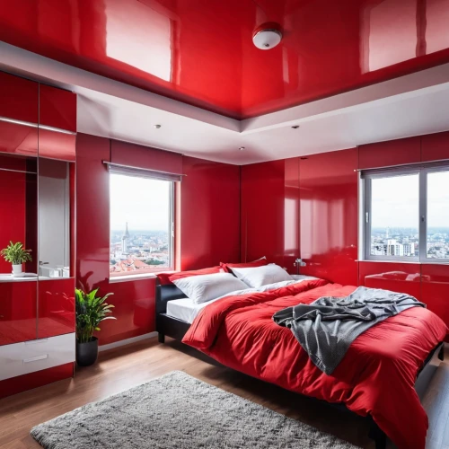 great room,red wall,sleeping room,bedroom,sky apartment,modern room,interior design,red paint,modern decor,penthouse apartment,interior decoration,red milan,red tones,guest room,canopy bed,search interior solutions,contemporary decor,shared apartment,room divider,danish room,Photography,General,Realistic