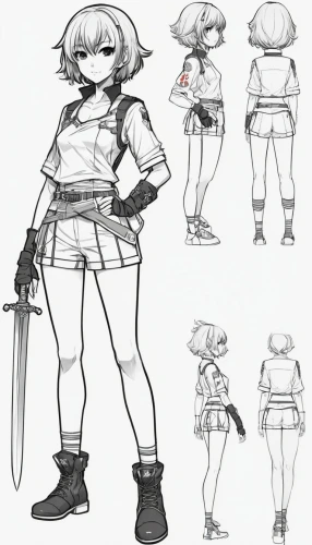 concept art,chara,game character,fighting poses,main character,short,character animation,comic character,rifle,girl with a gun,swordswoman,development concept,scribbles,the beach pearl,scallion,skort,adventurer,pencils,girl with gun,uniforms,Unique,Design,Character Design