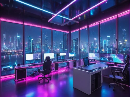 modern office,computer room,blur office background,the server room,computer desk,creative office,computer workstation,cyberpunk,working space,offices,desk,neon human resources,study room,office desk,pc tower,work space,desktop computer,night administrator,monitor wall,modern,Illustration,Japanese style,Japanese Style 04