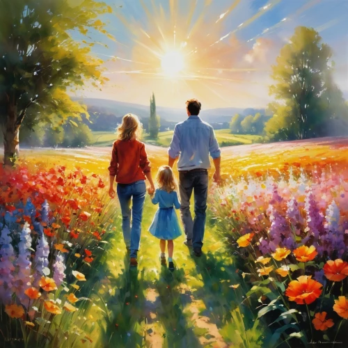 field of flowers,landscape background,flower field,flowers field,children's background,flower background,springtime background,loving couple sunrise,girl and boy outdoor,tulip festival,blooming field,romantic scene,oil painting on canvas,flower meadow,tulip field,mother and father,walk with the children,blanket of flowers,meadow landscape,spring morning,Conceptual Art,Oil color,Oil Color 03