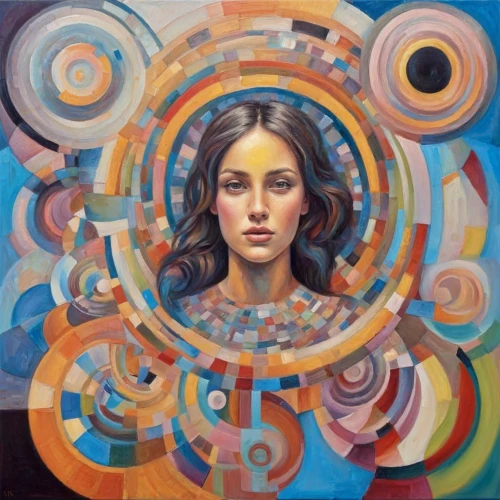 girl with a wheel,boho art,psychedelic art,colorful spiral,girl in a wreath,woman thinking,concentric,mystical portrait of a girl,oil painting on canvas,time spiral,young woman,mandala framework,zodiac sign libra,shamanic,aura,shamanism,pachamama,head woman,kaleidoscope,meridians