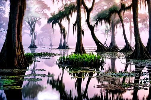 bayou,swampy landscape,alligator alley,swamp,alligator lake,backwaters,everglades,spanish moss,bayou la batre,backwater,freshwater marsh,wetlands,the ugly swamp,weeping willow,waterscape,row of trees,tidal marsh,green trees with water,everglades np,wetland,Illustration,Vector,Vector 16