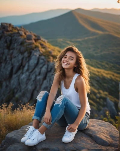 girl in t-shirt,landscape background,beautiful young woman,relaxed young girl,a girl's smile,girl sitting,portrait photography,girl portrait,portrait background,jeans background,mountain top,eurasian,girl wearing hat,high-altitude mountain tour,adidas,girl on the dune,hiking boots,hiking shoes,girl on a white background,hike,Conceptual Art,Oil color,Oil Color 02