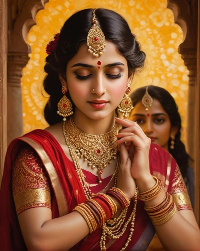indian bride,radha,anushka shetty,indian woman,indian art,lakshmi,jaya,indian girl,dowries,janmastami,golden weddings,tamil culture,sari,bridal accessory,gold ornaments,bridal jewelry,east indian,indian culture,mehendi,nityakalyani,Illustration,Retro,Retro 15