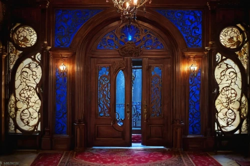 ornate room,art nouveau,art nouveau design,doorway,the door,ornate,blue doors,doors,art nouveau frames,entrance hall,front door,royal interior,metallic door,blue room,art nouveau frame,house entrance,hallway,the threshold of the house,elevators,main door,Illustration,Retro,Retro 13