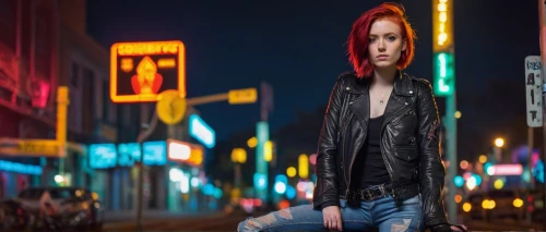 clary,red hood,transistor,digital compositing,cyberpunk,young model istanbul,harley,black widow,nora,jeans background,fashion street,visual effect lighting,renegade,red-haired,girl with gun,pedestrian,streetlife,black city,girl walking away,woman walking,Illustration,Abstract Fantasy,Abstract Fantasy 12