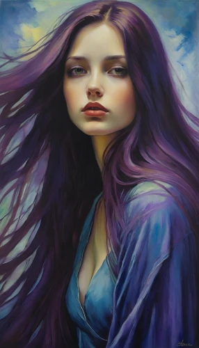 la violetta,mystical portrait of a girl,oil painting on canvas,oil painting,art painting,purple lilac,young woman,purple landscape,girl in a long,violet colour,lavendar,woman thinking,sailing blue purple,fantasy art,woman face,portrait of a girl,purple rose,sea-lavender,pale purple,wisteria,Illustration,Realistic Fantasy,Realistic Fantasy 30