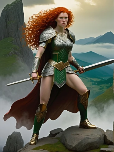 female warrior,merida,celtic queen,heroic fantasy,warrior woman,celt,celtic woman,fantasy woman,strong woman,dwarf sundheim,swordswoman,strong women,massively multiplayer online role-playing game,joan of arc,wind warrior,elaeis,cybele,maureen o'hara - female,huntress,ronda,Art,Artistic Painting,Artistic Painting 09