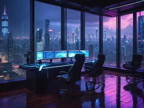 modern office,pc tower,computer room,computer desk,cyberpunk,desk,computer workstation,working space,creative office,blur office background,the server room,work space,workspace,offices,modern room,office desk,aesthetic,game room,study room,cityscape,Conceptual Art,Fantasy,Fantasy 07