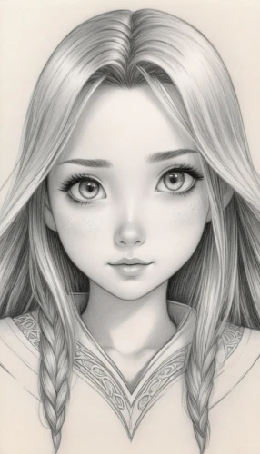 girl drawing,fantasy portrait,girl portrait,fairy tale character,mystical portrait of a girl,graphite,illustrator,doll's facial features,elven,girl in a long,zodiac sign libra,woman face,portrait background,animated cartoon,custom portrait,eyes line art,princess anna,violet head elf,game illustration,child girl,Illustration,Black and White,Black and White 30