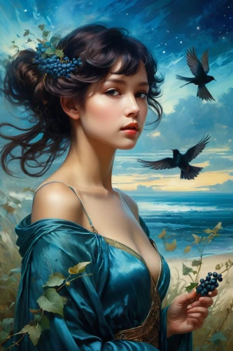 fantasy art,fantasy picture,mystical portrait of a girl,fantasy portrait,the sea maid,blue enchantress,blue birds and blossom,faery,faerie,the wind from the sea,mermaid background,blue rose,fantasy woman,blue butterflies,birds of the sea,girl with a dolphin,jasmine blue,sea swallow,blue petals,blue bird,Conceptual Art,Fantasy,Fantasy 05