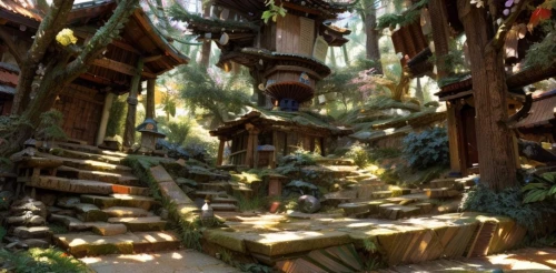 fairy village,elven forest,druid grove,house in the forest,mountain settlement,tree house,ancient city,treehouse,lost place,fairy forest,elves flight,ancient house,fantasy landscape,tree house hotel,rainforest,enchanted forest,hanging temple,fairy house,witch's house,greenforest