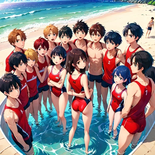 kawaii people swimming,volleyball team,beach sports,beach goers,summer background,swimmers,young swimmers,summer icons,lover's beach,red summer,tokyo summer olympics,water volleyball,group photo,beach volleyball,water sports,summer party,beach background,medley swimming,swimwear,honolulu,Anime,Anime,Realistic