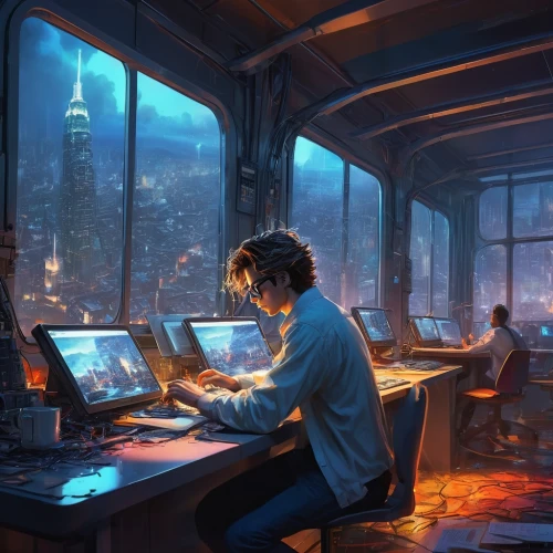 sci fiction illustration,man with a computer,cyberpunk,night administrator,working space,world digital painting,modern office,cityscape,digital nomads,workspace,game illustration,evening city,cg artwork,computer addiction,in a working environment,remote work,freelancer,city lights,evening atmosphere,girl at the computer,Illustration,Black and White,Black and White 08