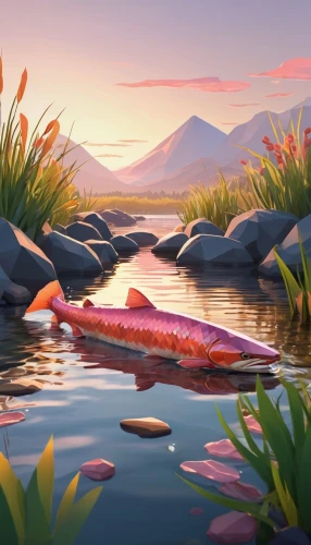 koi pond,koi fish,koi,fishing float,red fish,sockeye salmon,digital painting,rainbow trout,salmon-like fish,pond flower,world digital painting,landscape background,river cooter,fish pond,koi carp,surface lure,salmon,pink water lilies,fish in water,nigiri,Unique,3D,Low Poly