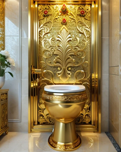 gold lacquer,luxury bathroom,golden pot,commode,the throne,plumbing fixture,gold stucco frame,gold plated,gold paint stroke,throne,washbasin,gold ornaments,toilet,toilet table,bahraini gold,decorative fountains,bathroom accessory,decorative element,douhua,art nouveau design,Photography,General,Realistic