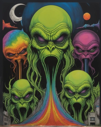 psychedelic art,cover,loudness,three eyed monster,alien planet,neon ghosts,extraterrestrial life,aliens,extraterrestrial,blank vinyl record jacket,three-lobed slime,alien invasion,chalk drawing,magazine cover,psychedelic,scene cosmic,meridians,alien world,outer space,cd cover,Conceptual Art,Graffiti Art,Graffiti Art 06