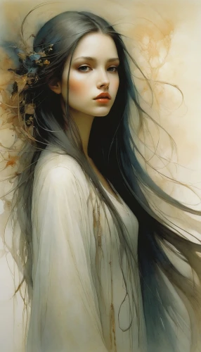 mystical portrait of a girl,faery,faerie,fantasy portrait,white lady,fantasy art,oriental longhair,ephedra,the enchantress,girl in a long,little girl in wind,white rose snow queen,white feather,dryad,sorceress,the snow queen,moonflower,jasmine blossom,fantasy woman,scent of jasmine,Illustration,Realistic Fantasy,Realistic Fantasy 16