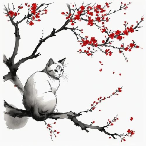 plum blossoms,watercolor cat,plum blossom,chinese pastoral cat,blossom kitten,cherry tree,calico cat,drawing cat,flower cat,cat vector,japanese bobtail,cherry branches,crabapple,cat drawings,ornamental cherry,cherry blossom,almond blossom,japanese cherry,almond blossoms,winter cherry,Illustration,Paper based,Paper Based 30