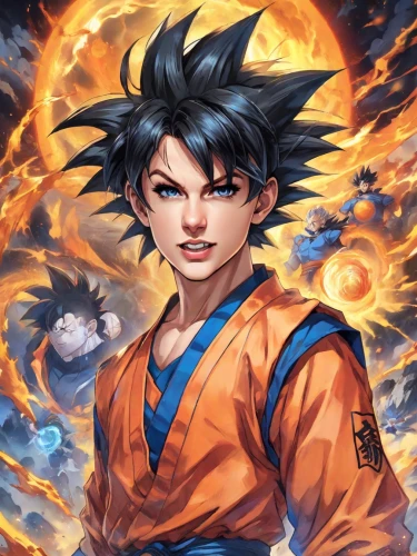 son goku,goku,takikomi gohan,alibaba,dragon ball,dragon li,nine-tailed,dragonball,kame sennin,fire background,jin deui,killua,naruto,flame spirit,sensei,kai-lan,qi-gong,jeongol,cg artwork,iaijutsu,Digital Art,Anime