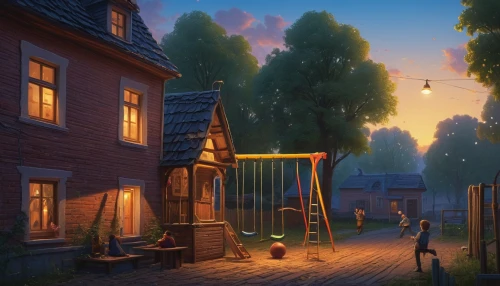 summer evening,evening atmosphere,village scene,tavern,night scene,wooden houses,aurora village,village life,witch's house,little house,the evening light,in the evening,knight village,summer cottage,the little girl's room,blacksmith,hanging houses,home landscape,wooden house,game illustration,Illustration,Realistic Fantasy,Realistic Fantasy 27