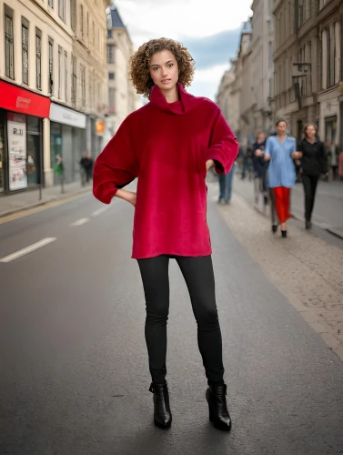woman in menswear,menswear for women,red cape,red coat,fashion street,woman walking,on the street,street fashion,long-sleeved t-shirt,red tunic,a pedestrian,women fashion,pedestrian,lady in red,paris shops,poppy red,plus-size model,rouge,bolero jacket,women clothes,Female,Southern Europeans,Curly,Youth adult,S,Calm,Dress Pants,Outdoor,Modern City