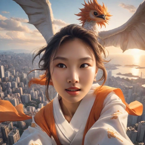 flying girl,dragon li,mulan,asian vision,world digital painting,mina bird,kitsune,sujeonggwa,jeongol,south korea,game illustration,garuda,fantasy portrait,goki,taipei,hong,asia,sci fiction illustration,fantasy picture,korea,Photography,Realistic