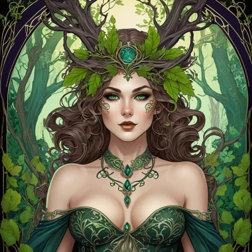 dryad,faerie,the enchantress,poison ivy,faery,celtic queen,fae,anahata,elven,elven forest,elven flower,green wreath,tree crown,fantasy portrait,ivy,fairy queen,celtic tree,druid,laurel wreath,rusalka,Illustration,Retro,Retro 13