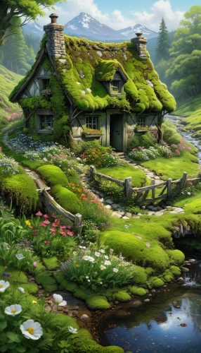 home landscape,summer cottage,little house,house in the forest,small house,cottage,house in mountains,lonely house,country cottage,studio ghibli,grass roof,fantasy landscape,fairy house,house in the mountains,landscape background,ancient house,beautiful home,idyllic,fairy village,alpine village,Conceptual Art,Daily,Daily 01