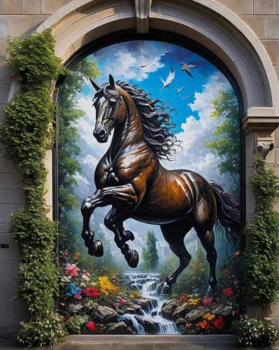 the horse at the fountain,painted horse,black horse,shire horse,equine,colorful horse,beautiful horses,unicorn art,horse stable,pegasus,horses,dream horse,man and horses,equestrian,arabian horse,wall decoration,belgian horse,two-horses,mural,carnival horse,Conceptual Art,Oil color,Oil Color 06