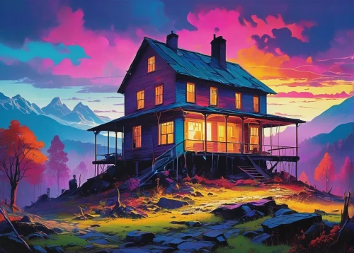 lonely house,house in mountains,house in the mountains,home landscape,witch's house,house silhouette,summer cottage,little house,the cabin in the mountains,house painting,cottage,purple landscape,house in the forest,house with lake,small house,witch house,ancient house,mountain huts,apartment house,fantasy landscape,Art,Artistic Painting,Artistic Painting 23