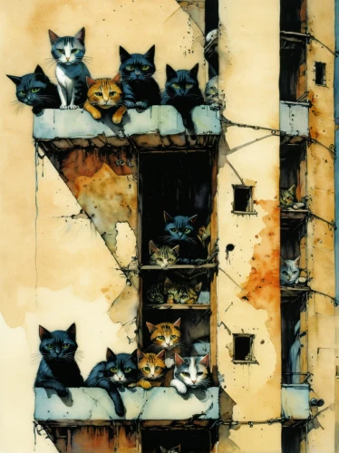 cats on brick wall,vintage cats,cat family,cats,cat lovers,stray cats,cat supply,felines,rescue alley,vintage cat,cat frame,cat's cafe,cats in tree,cattles,birdhouses,carol colman,cat tree of life,animal tower,janome chow,carol m highsmith,Illustration,Realistic Fantasy,Realistic Fantasy 06