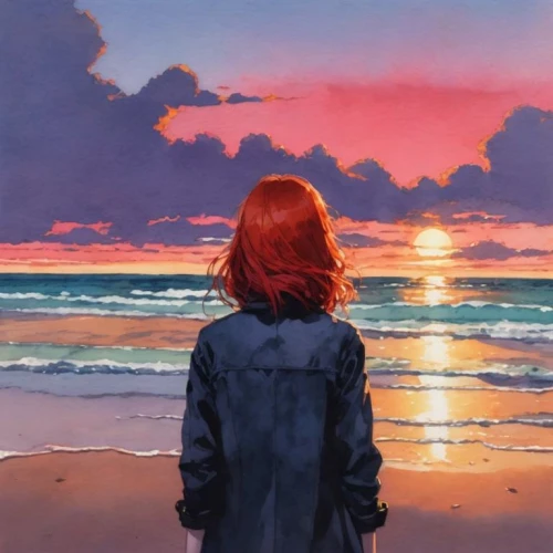 beach background,red-haired,walk on the beach,girl on the dune,sunset,by the sea,the horizon,beach walk,beach landscape,watercolor background,girl walking away,red sky,sea-shore,horizon,coast sunset,seaside,sea breeze,on the shore,watercolor,oil painting
