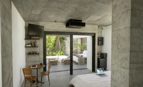 concrete ceiling,stucco ceiling,inverted cottage,stucco wall,exposed concrete,sliding door,contemporary decor,home interior,hallway space,room divider,wall plaster,modern room,cubic house,guest room,modern decor,structural plaster,laundry room,boutique hotel,bedroom window,interior modern design