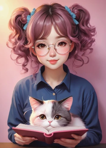 reading glasses,cat kawaii,cat's cafe,fluffy diary,girl studying,bookworm,cat child,cat frame,cat mom,drawing cat,cat lovers,pink cat,fuki,pink glasses,holding ipad,doll cat,cat ears,cute cat,calico cat,illustrator,Illustration,Abstract Fantasy,Abstract Fantasy 17