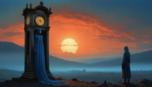 grandfather clock,futuristic landscape,fantasy landscape,clock tower,sci fiction illustration,world digital painting,clockmaker,fantasy picture,stargate,tower clock,desert landscape,clocks,moon phase,time pointing,post-apocalyptic landscape,fantasy art,clock,out of time,scythe,game illustration,Photography,General,Realistic