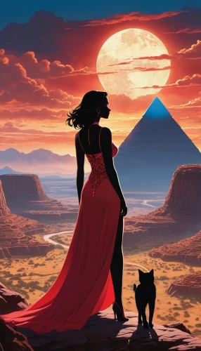 pyramids,the sphinx,red cape,desert background,egypt,giza,cairo,sphinx,sci fiction illustration,fantasy picture,ancient egypt,sahara,sphinx pinastri,desert,world digital painting,merzouga,cg artwork,woman silhouette,travel poster,egyptian,Photography,General,Realistic