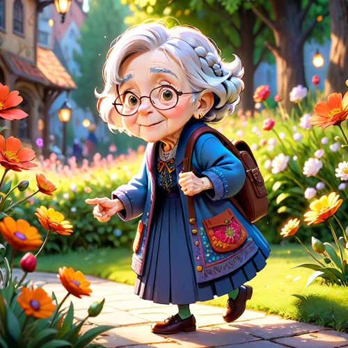 granny,grandma,agnes,elderly lady,grandmother,old woman,nanny,cute cartoon character,babushka doll,picking flowers,grindelwald,girl picking flowers,elderly person,senior citizen,librarian,grandparent,fairy tale character,geppetto,linden blossom,holding flowers,Anime,Anime,Cartoon