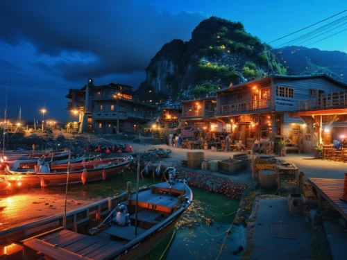 fishing village,popeye village,boat yard,halong bay,koh phi phi,boat harbor,khao phing kan,railay bay,floating huts,stilt houses,harbor,docks,tigers nest,da nang,southeast asia,fishing boats,ship yard,ham ninh,boatyard,port,Photography,General,Realistic