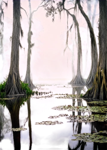 swampy landscape,bayou,alligator alley,swamp,alligator lake,the ugly swamp,tidal marsh,freshwater marsh,spanish moss,bayou la batre,backwater,everglades,wetlands,wetland,eastern mangroves,aquatic plants,backwaters,fantasy landscape,mangroves,an island far away landscape,Illustration,Paper based,Paper Based 08