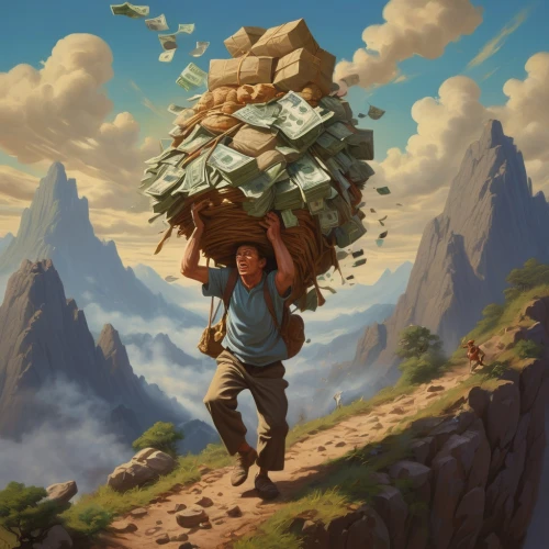 windfall,merchant,peddler,the spirit of the mountains,mountain guide,traveler,game illustration,cloud mountain,rupees,adventurer,delivering,game art,rice mountain,digital nomads,collected game assets,hiker,the wanderer,mountaineering,abundance,stacking stones,Conceptual Art,Fantasy,Fantasy 01