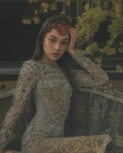 poison ivy,see-through clothing,asian costume,ivy,snakeskin,digital painting,fantasy portrait,ao dai,bodypaint,see through,photo session in bodysuit,vintage asian,art model,retouch,see thru,fantasy woman,vintage woman,background ivy,camo,asian vision