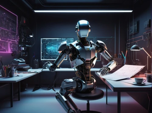 man with a computer,cybernetics,neon human resources,digital compositing,barebone computer,computer room,cyber,office automation,girl at the computer,computer,artificial intelligence,robotics,computer workstation,sci fiction illustration,sci fi surgery room,modern office,automation,computer desk,robotic,working space,Illustration,Japanese style,Japanese Style 09