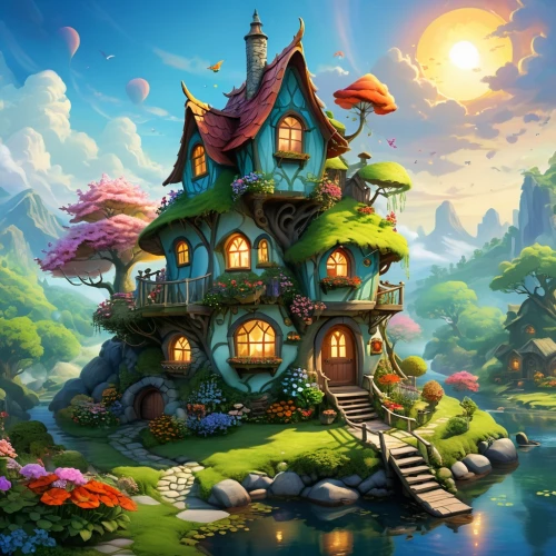 fairy house,fairy village,fairy tale castle,witch's house,little house,tree house,house in the forest,3d fantasy,fantasy picture,home landscape,children's background,fairy world,fantasy landscape,tree house hotel,treehouse,aurora village,fairy chimney,summer cottage,children's fairy tale,bird house,Illustration,Realistic Fantasy,Realistic Fantasy 01